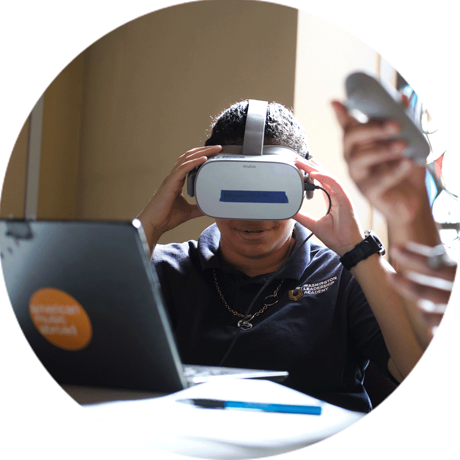 student using VR goggles