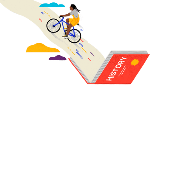 girl riding a bike on the pages of a history book